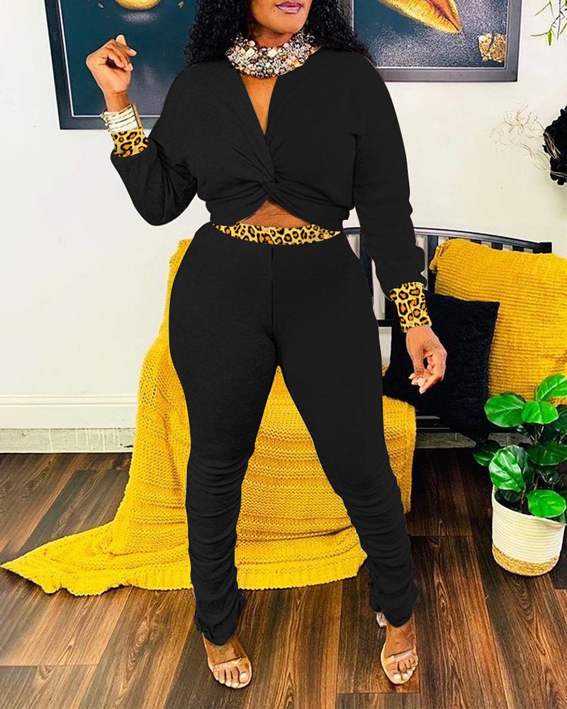 

Cheetah Print Twisted Top & High Waist Pants Set, Black