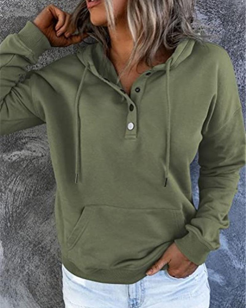 

Button Detail Long Sleeve Drawstring Hoodie, Green