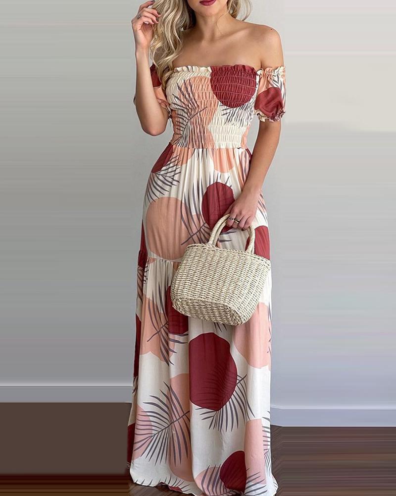 

All Over Print Off Shoulder Shirring Maxi Dress, Multicolor