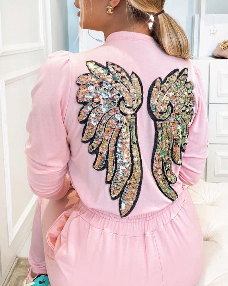 

Wing Pattern Contrast Sequin Top & Casual Pants Set, Pink