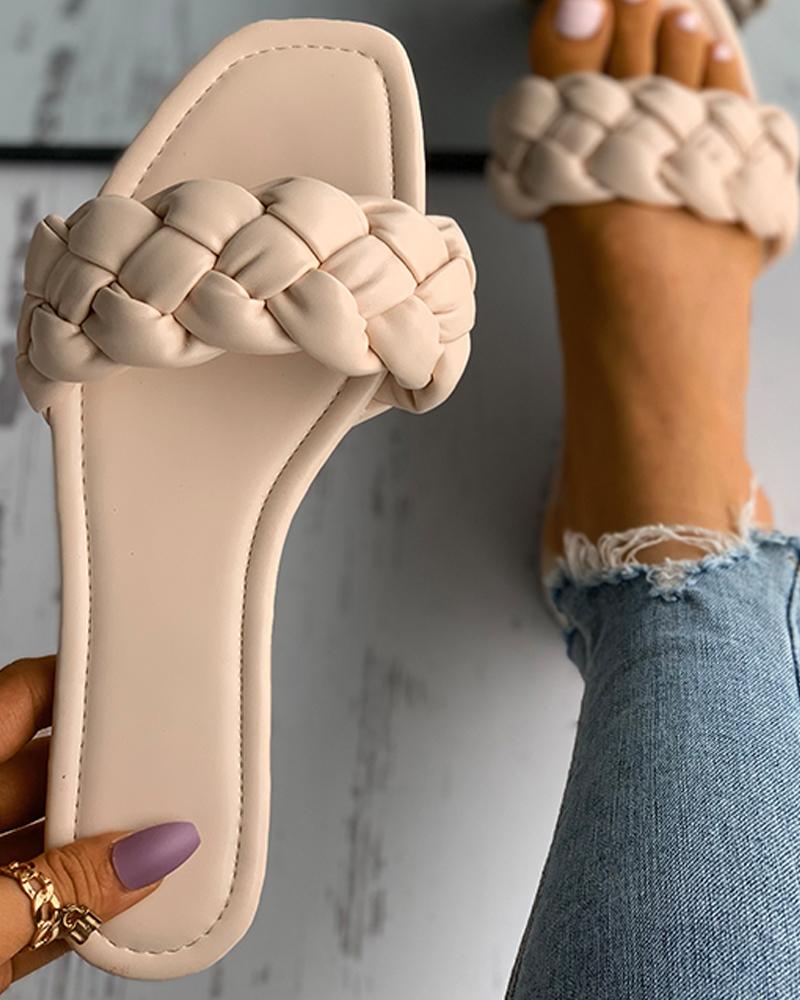 

Braided Sqaure Toe Slide Slippers, Apricot