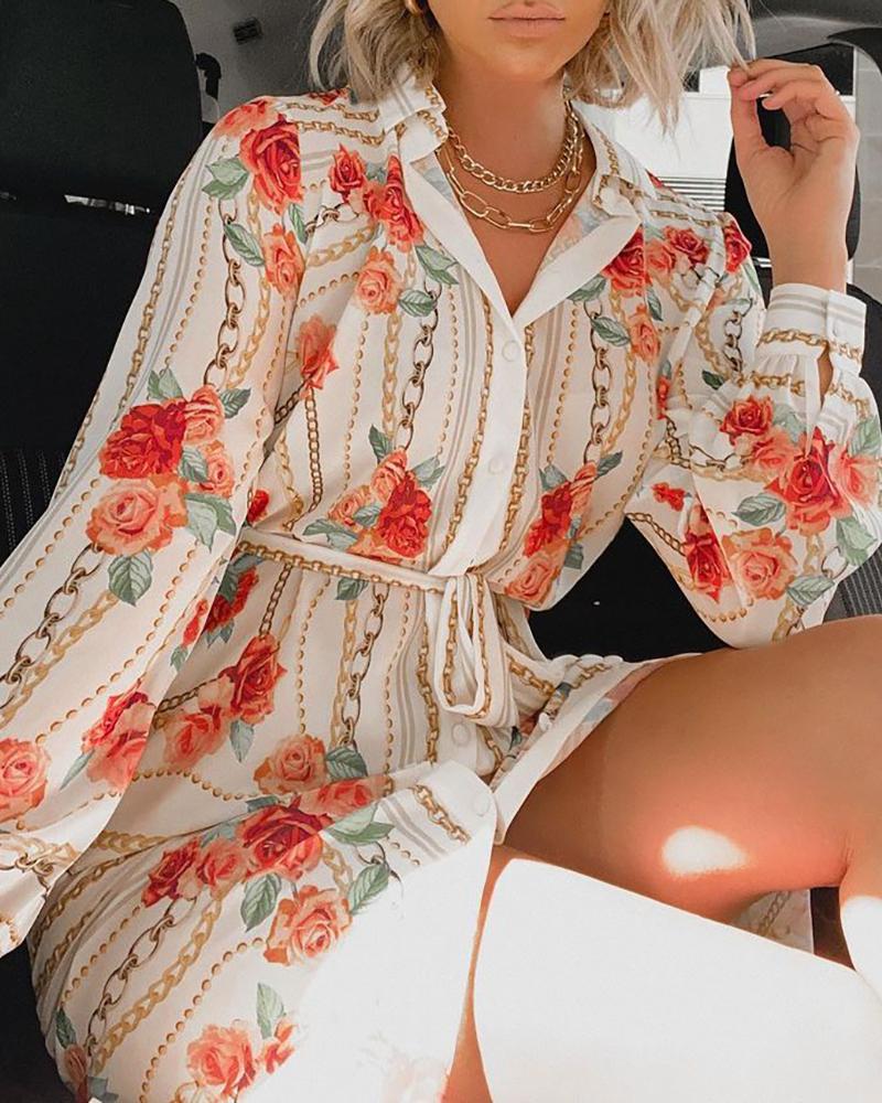 

Floral Chain Print Button Front Slit Shirt Dress, White