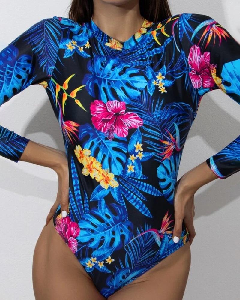 

Tropical Print Backless One-Piece Swimsuit, Blue