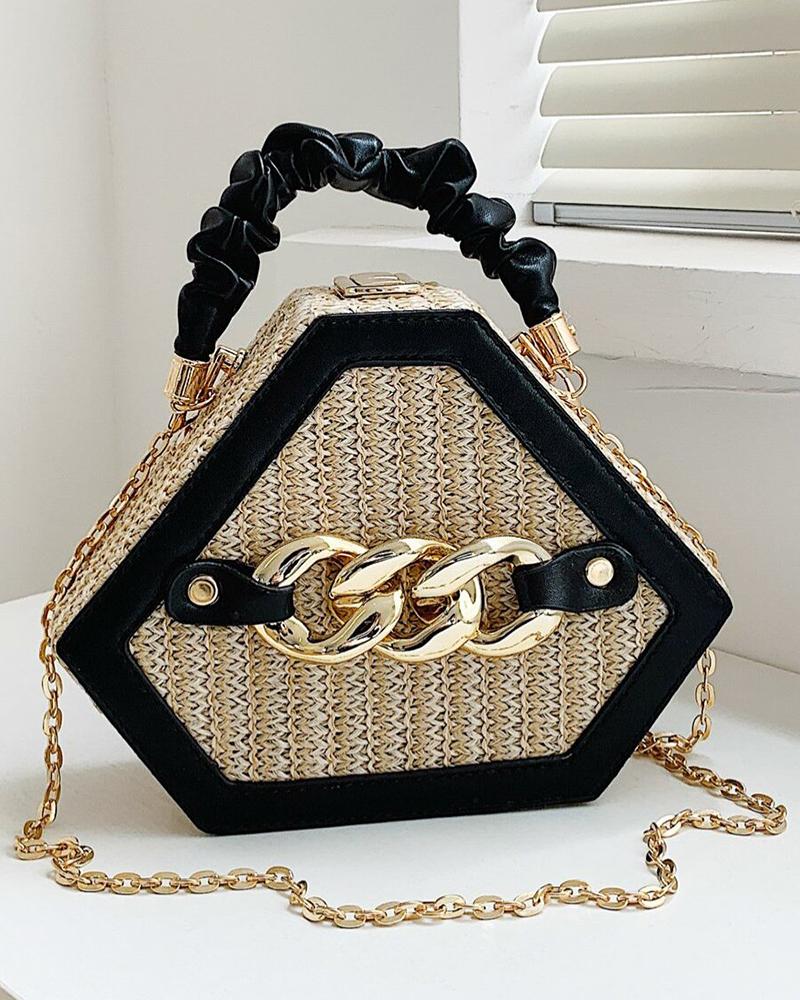 

Trendy Chain Decor Top Handle Straw Geometrical Crossbody Bag, Black