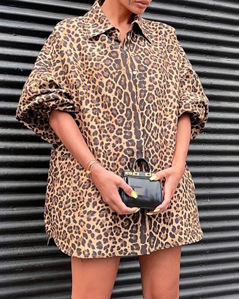 

Long Sleeve Cheetah Print Button Design Top, Leopard