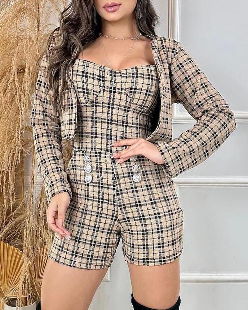

Plaid Print Cami Romper & Crop Coat Set, Khaki