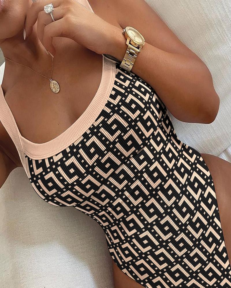 

Geometric Print U-Neck Sleeveless Ribbed Bodysuit, Apricot