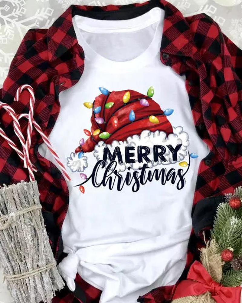 

Christmas Letter Hat Print Casual T-shirt, White