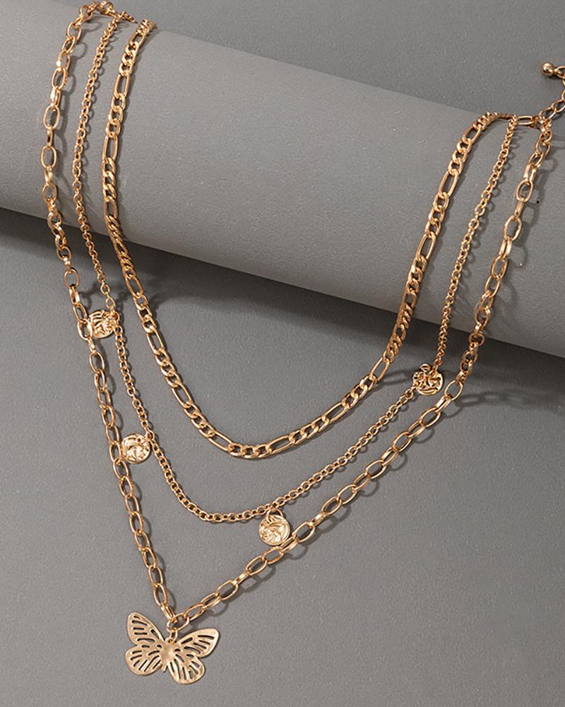 

Butterfy & Disc Layered Chain Pendant Necklace, Gold