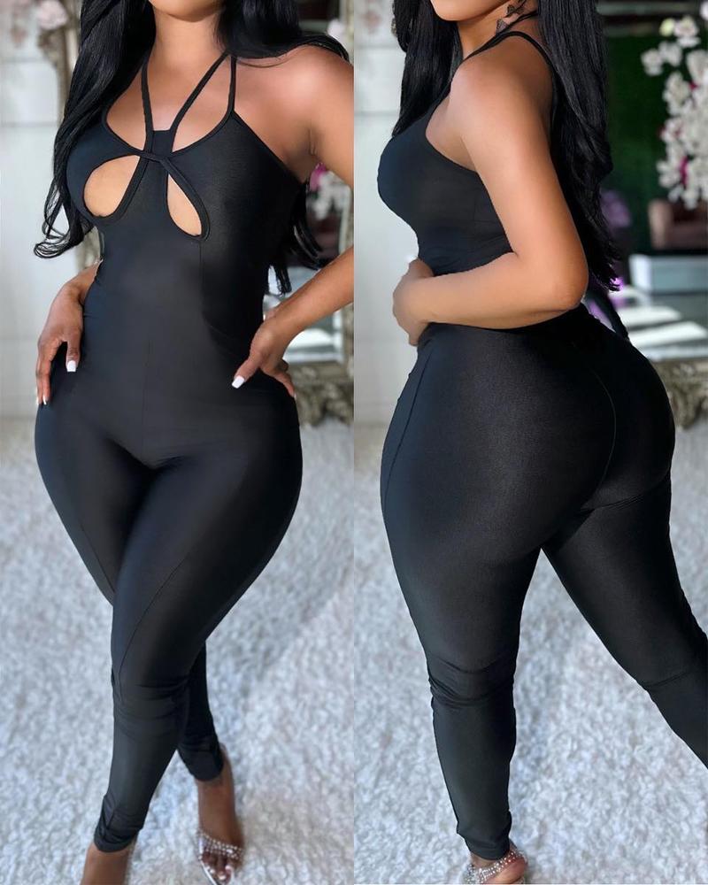 

Asymmetrical Neck Cutout Sleeveless Jumpsuit, Black