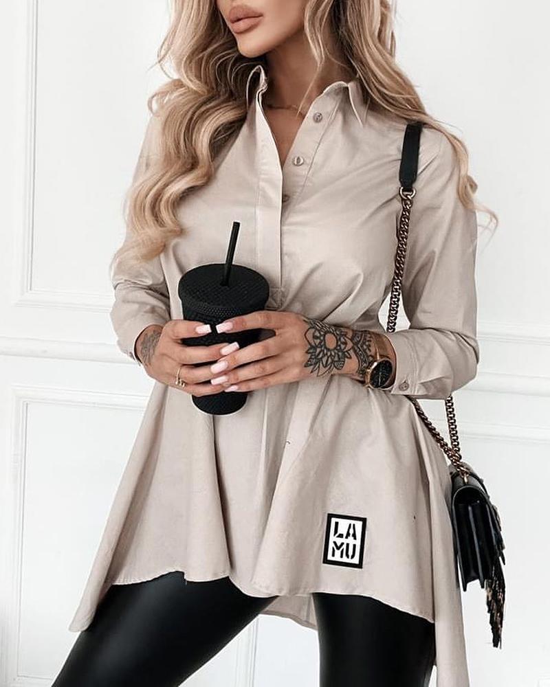 

Turn-down Collar Long Sleeve Buttoned Shirt, Beige