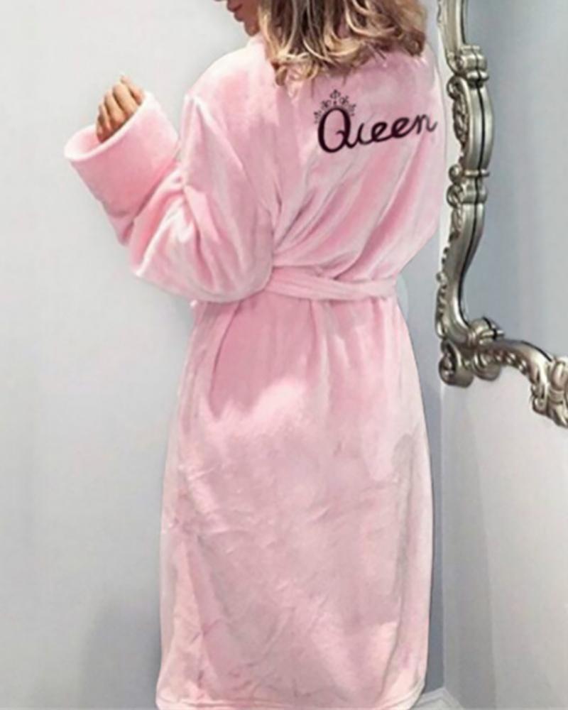 

Letter Print Tied Detail Long Sleeve Fluffy Robe, Pink