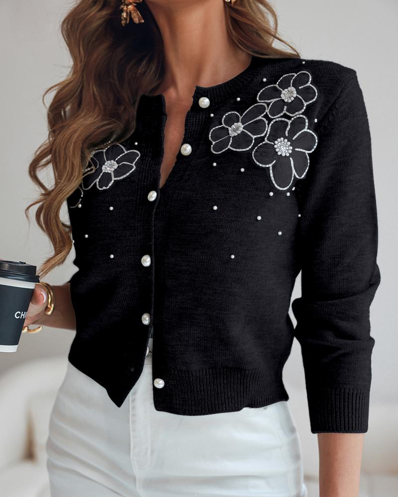 

Cardigan de malha com apliques florais e pérolas, gola redonda, abotoamento simples, suéter casual, Black