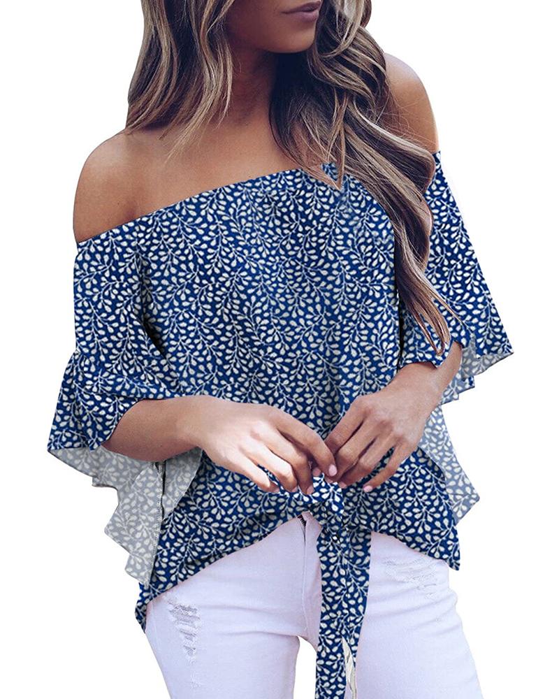 

Tie Knot Off Shoulder Floral Print Ruffles Top, Blue