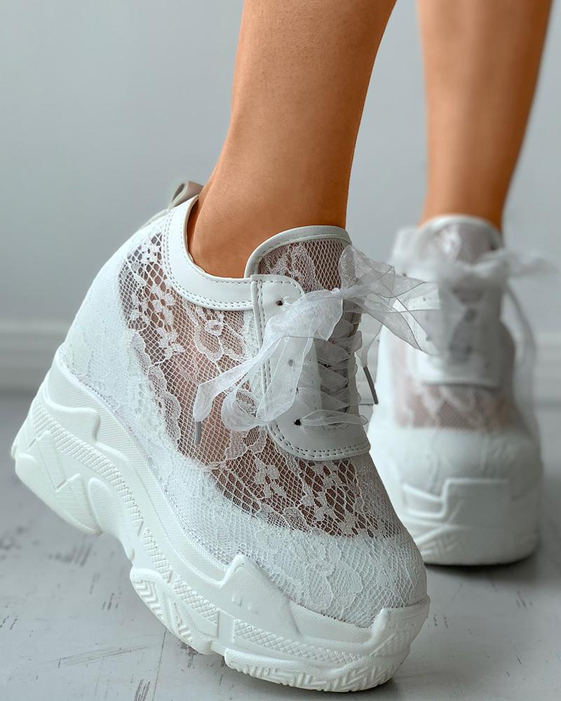 

Lace-up Front Crochet Lace Wedge Sneaker, White