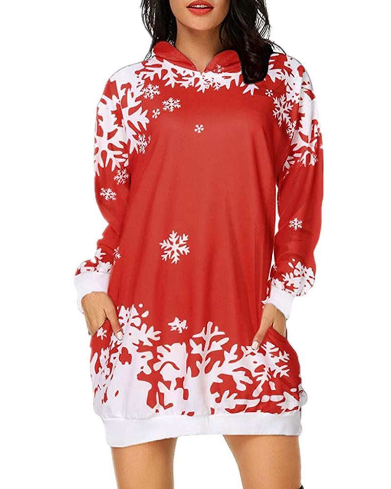 

Christmas Snowflake Print Pockets Longline Hooded Top, Red