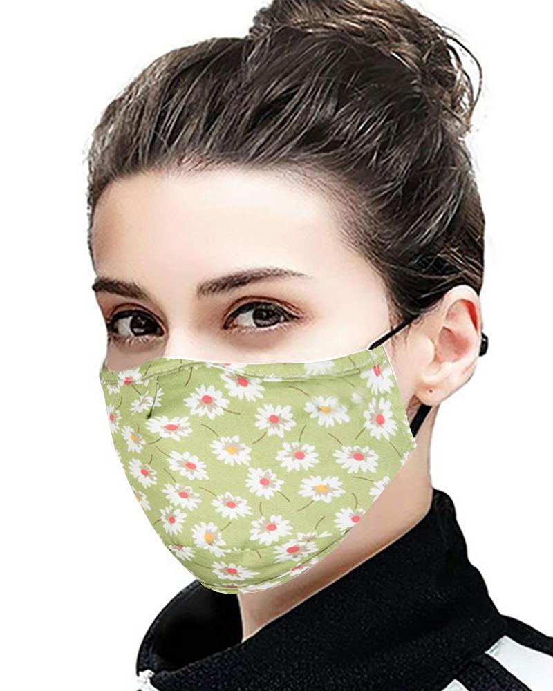 

Daisy / Floral / Retro Print Ear Loop Breathable Mouth Mask With 4 Filters, Green