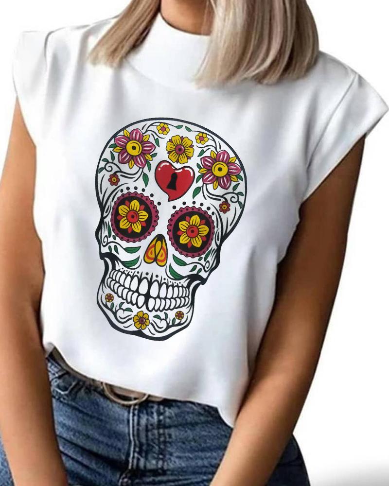 

Halloween Skull Print Casual Top, White