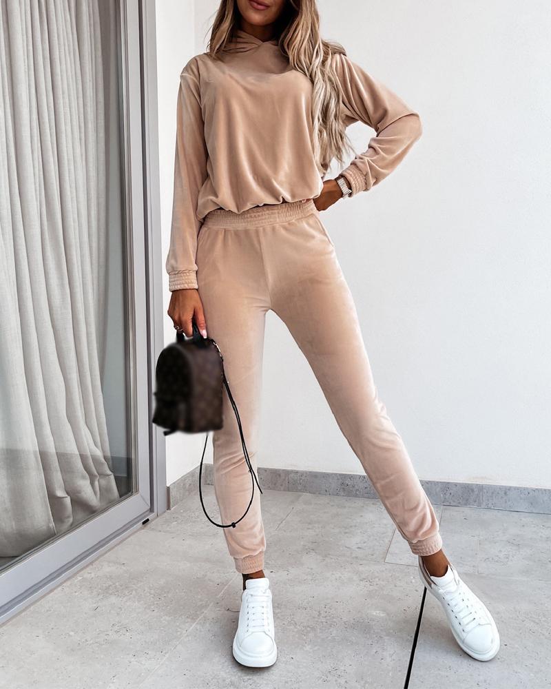 

Velvet Long Sleeve Casual Hoodie & Pants Set, Apricot