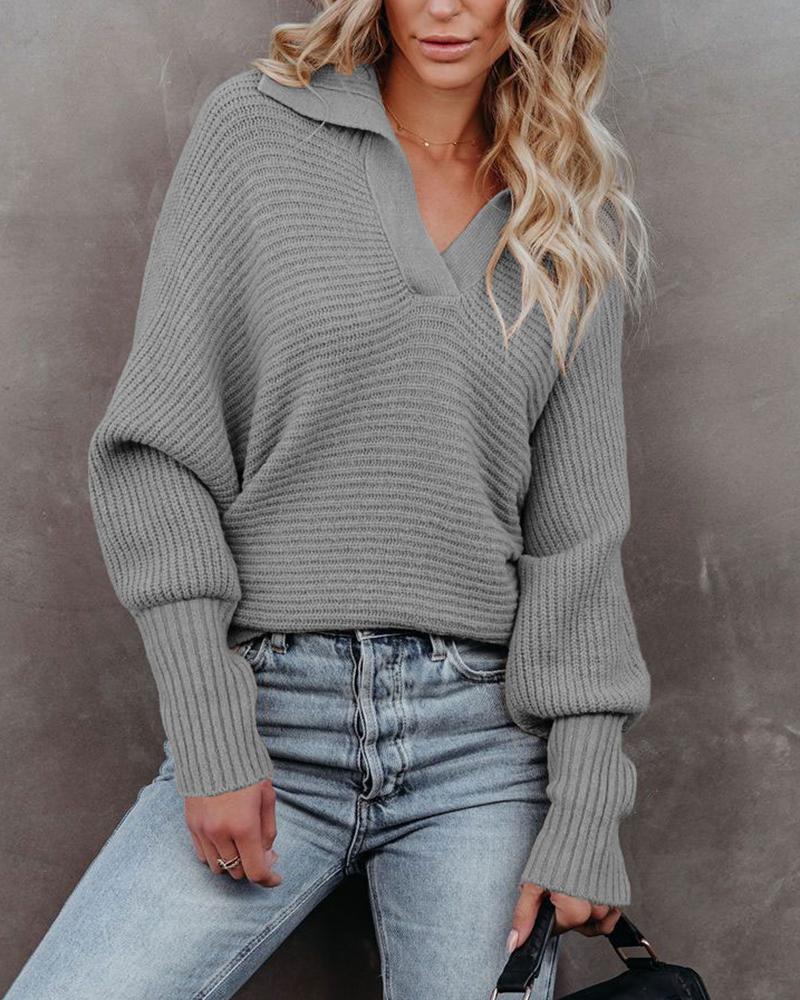 

Long Sleeve Turn Down Collar Knit Sweater, Gray