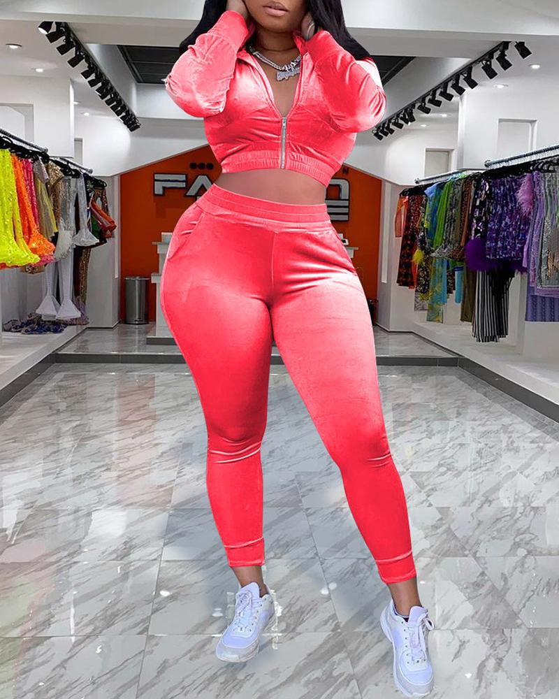 

Velvet Zipper Design Hooded Top & Pocket Design Pants Set, Pink