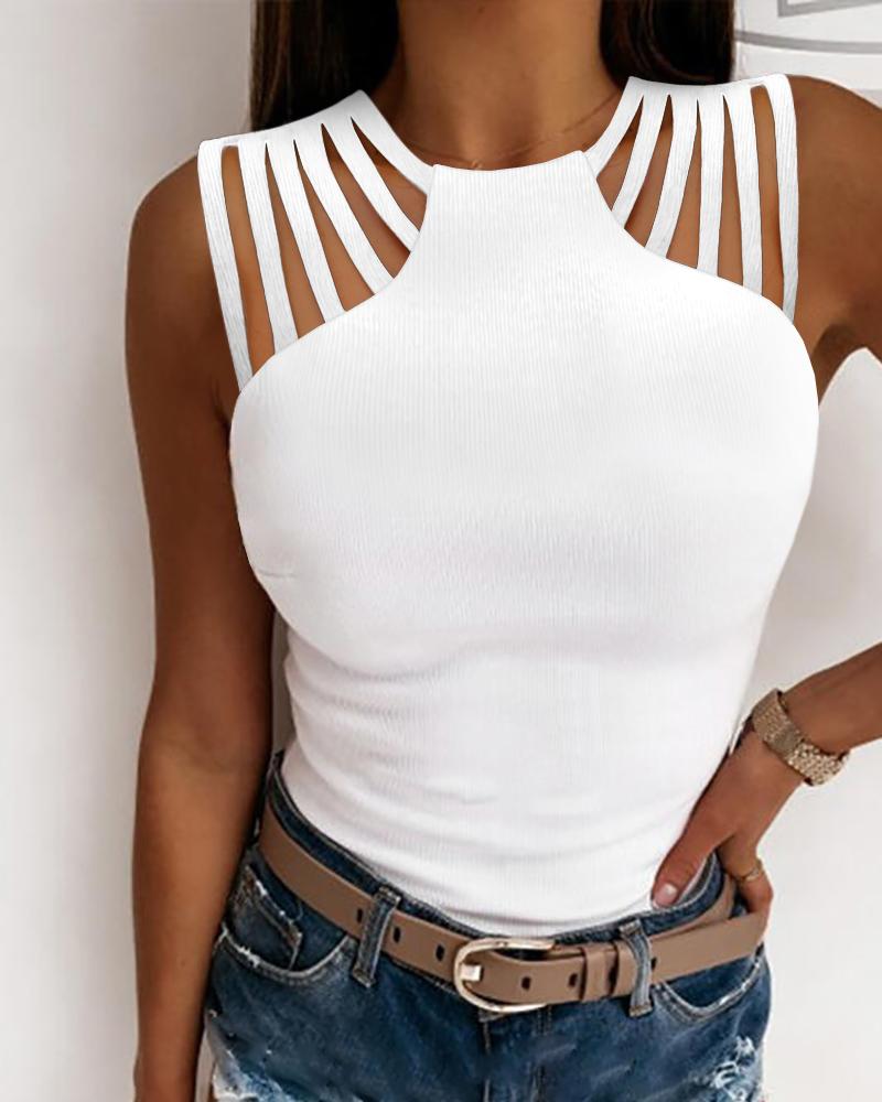

Multi-Strap Hollow Out Ribbed Tank Top, White