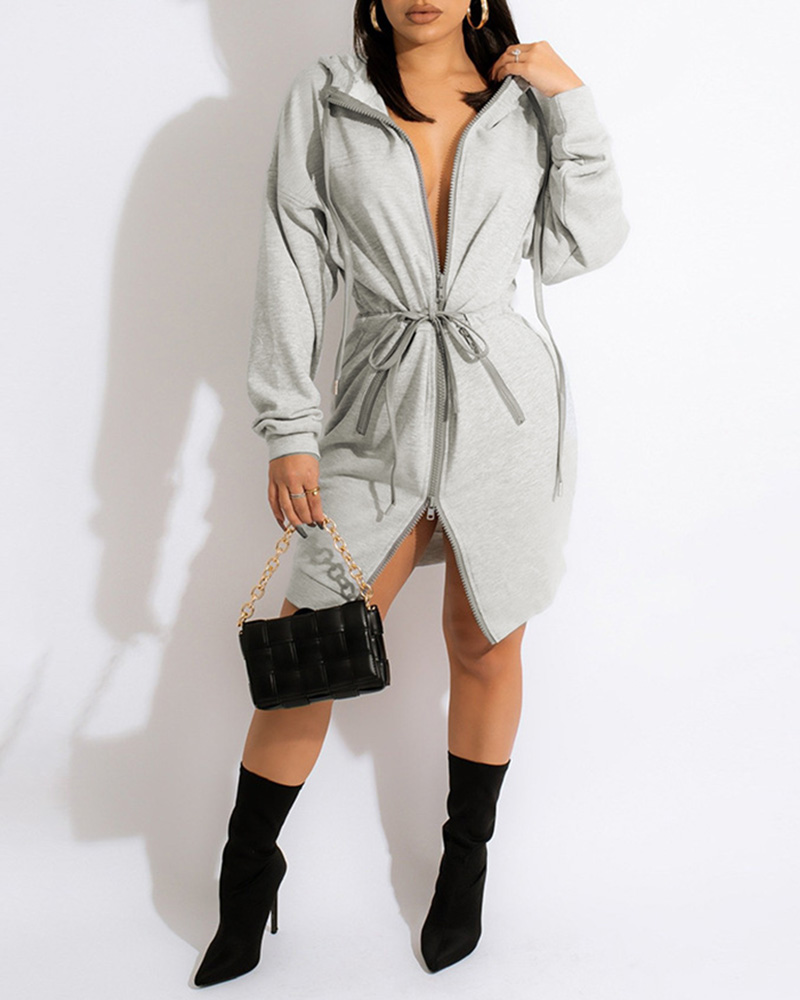 

Zipper Design Drawstring Hooded Casual Dress, Gray