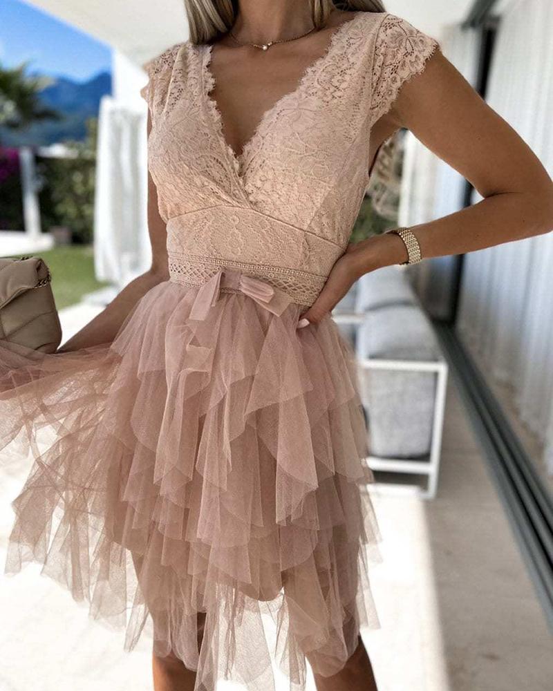 

Lace Patch Sheer Mesh Sleeveless Party Dress, Pink