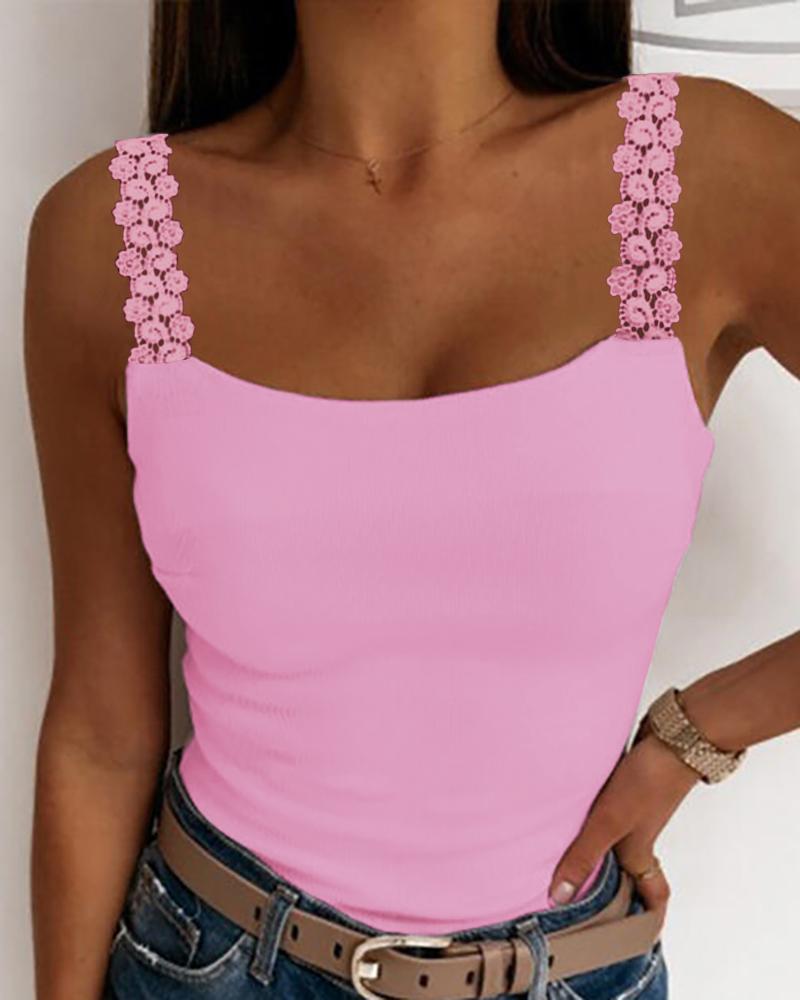 

U Neck Lace Patch Tank Top, Pink