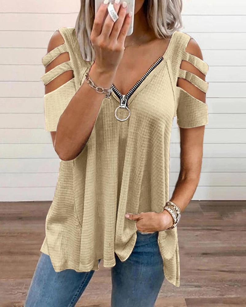 

Cold Shoulder Cutout Zip Front Waffle Knit Top, Khaki