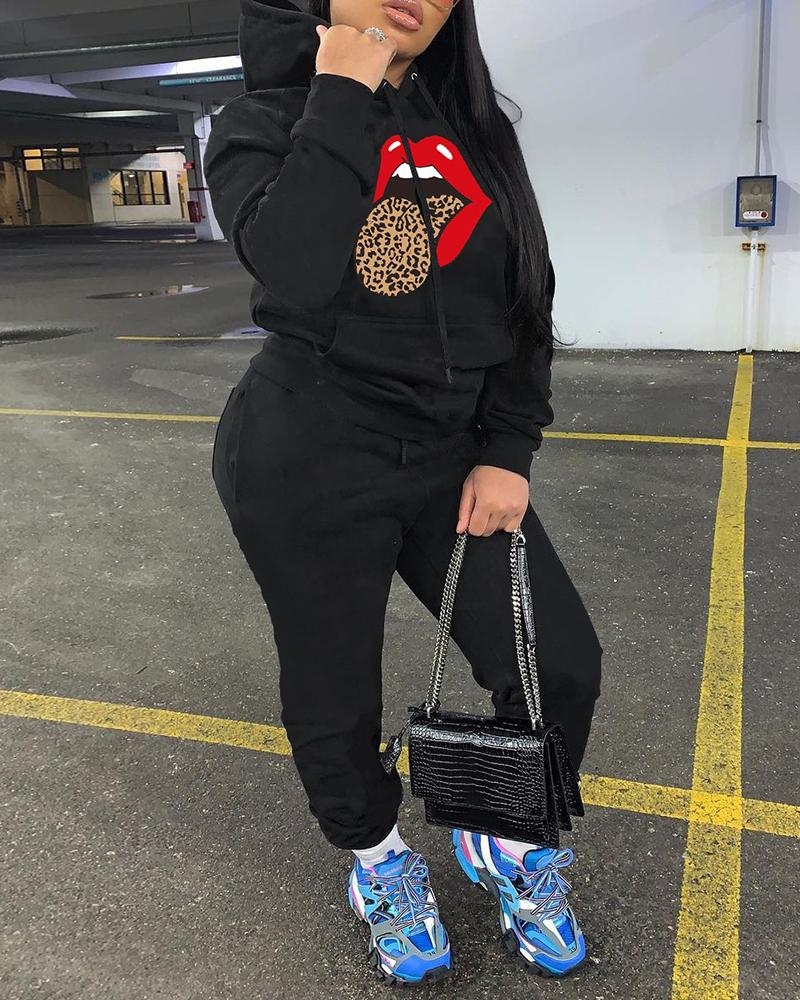 

Lip Leopard Print Long Sleeve Top & Pants Set, Black