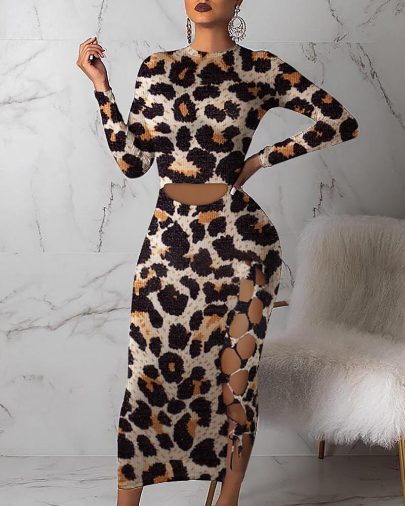 

Abstract Leopard Print Lace-up Cut Out Bodycon Dress
