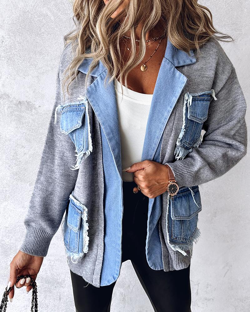 

Raw Hem Patchwork Notched Collar Cardigan, Gray