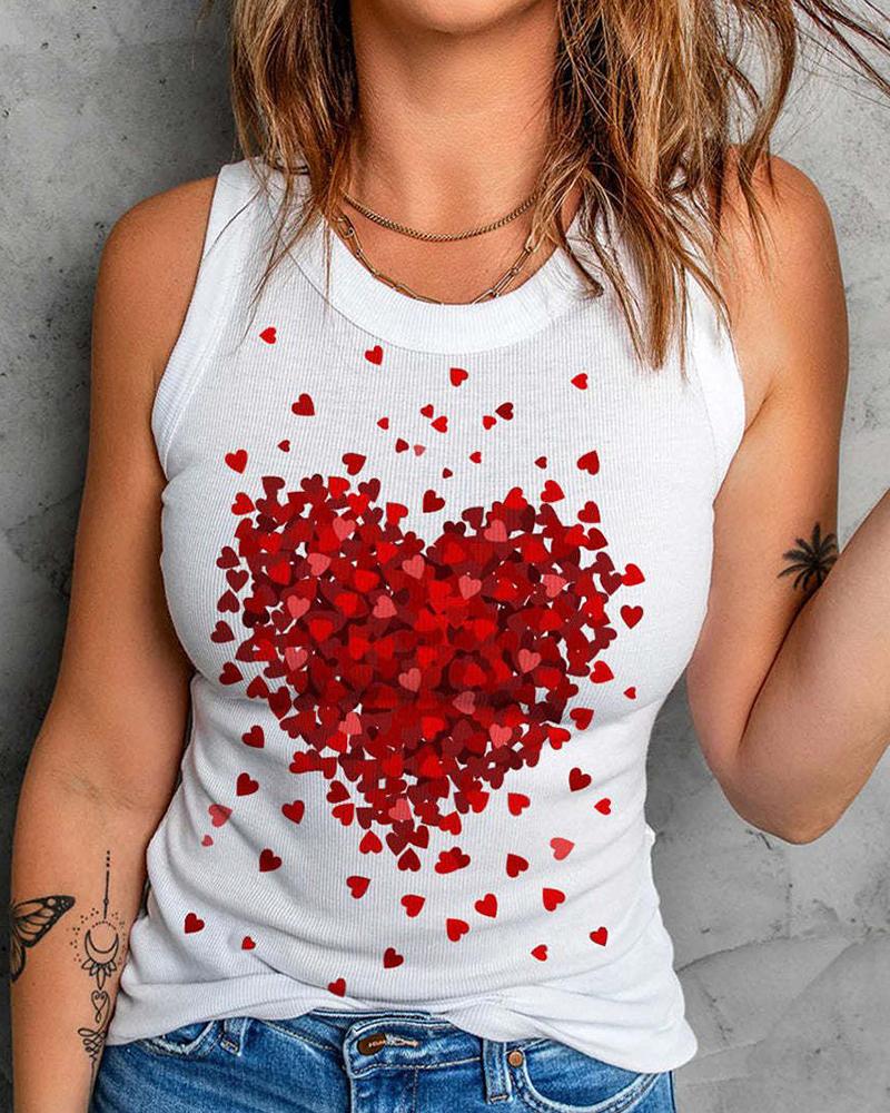 

Love Heart Print Round Neck Casual Tank Top, White