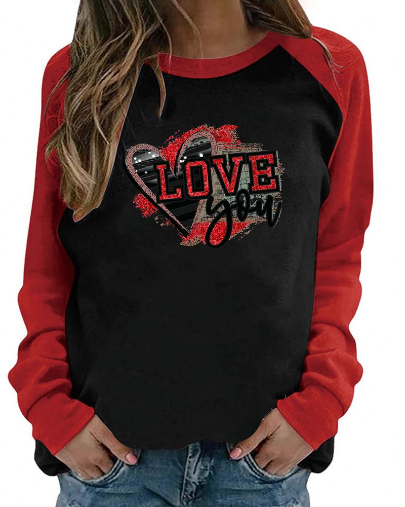 

Valentine' Day Heart Print Colorblock Long Sleeve Top, Style1