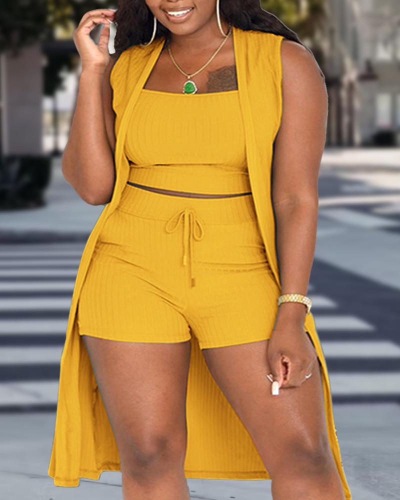 

Plus Size 3PCS Ribbed Crop Tank Top & Shorts Set With Vest Coat, Yellow