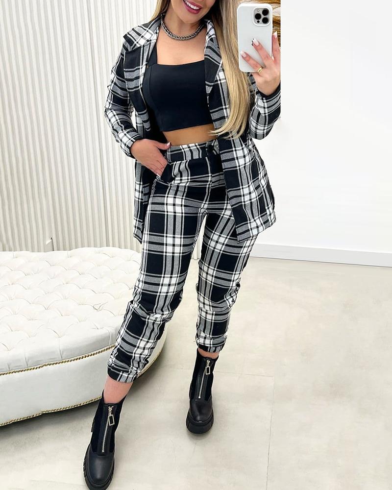 

Plaid Print Casual Cuffed Pants, Black