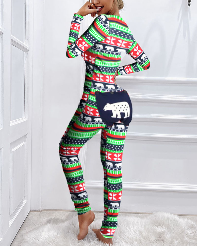 Christmas Animal Print Functional Buttoned Flap Adults Pajamas