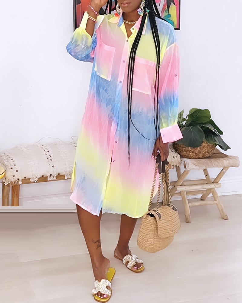 

Rainbow Ombre Buttoned Shirt Dress, Multicolor