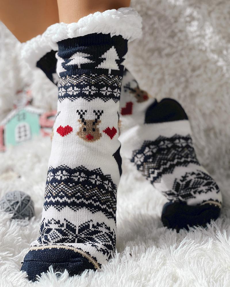 

1Pair Christmas Reindeer Snowflake Thermal Fleece Lined Crew Socks, Purplish blue