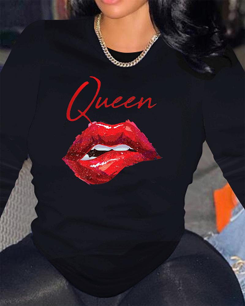 

Lip Letter Print Long Sleeve Casual Top, Black