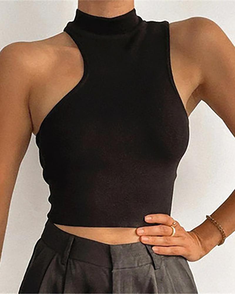 

Asymmetrical Trim Sleeveless Knit Crop Top, Black