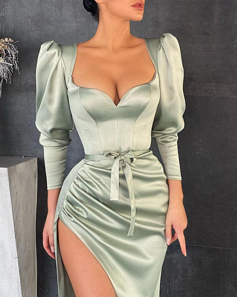 

Gigot Sleeve High Slit Ruched Corset Dress, Green