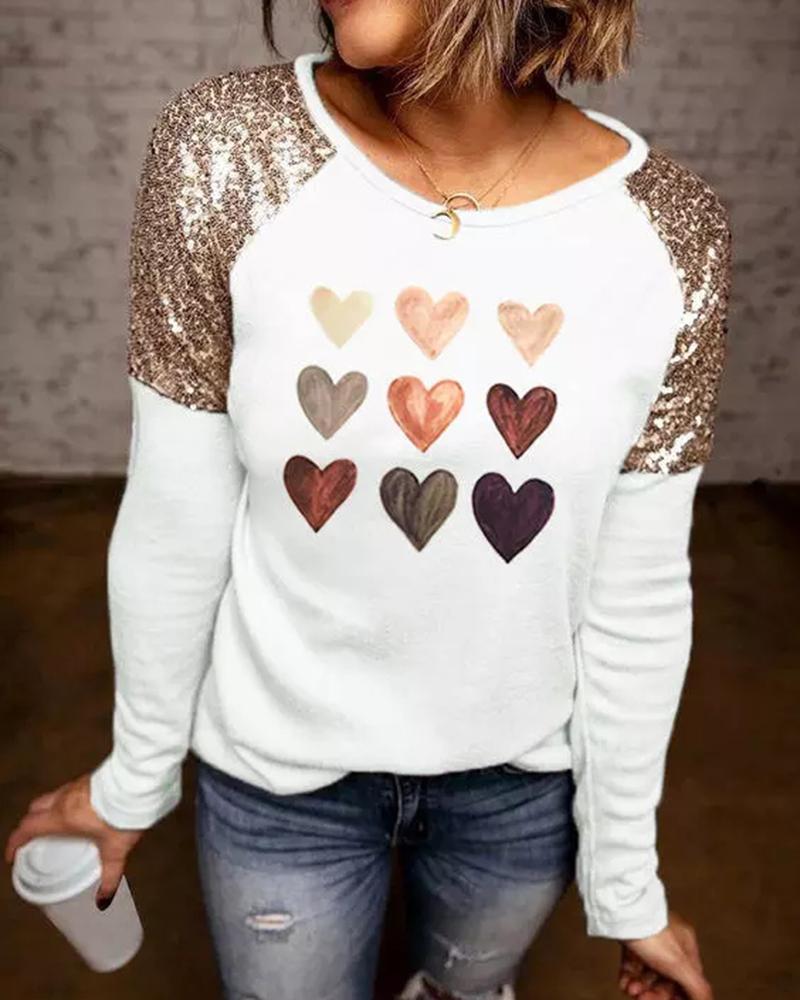 

Valentine' Day Heart Print Contrast Sequin Top, White