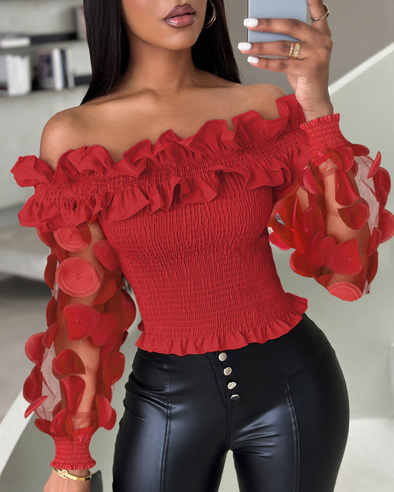 

Floral Pattern Sheer Mesh Patch Shirred Top, Red