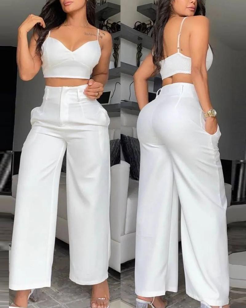 

Spaghetti Strap Crop Top & Wide Leg Pants Set, White