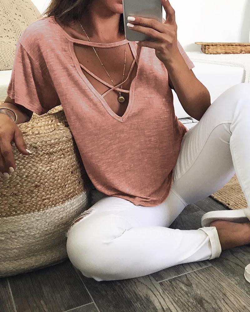 

Bandage Cutout Short Sleeve Casual T-shirt, Pink
