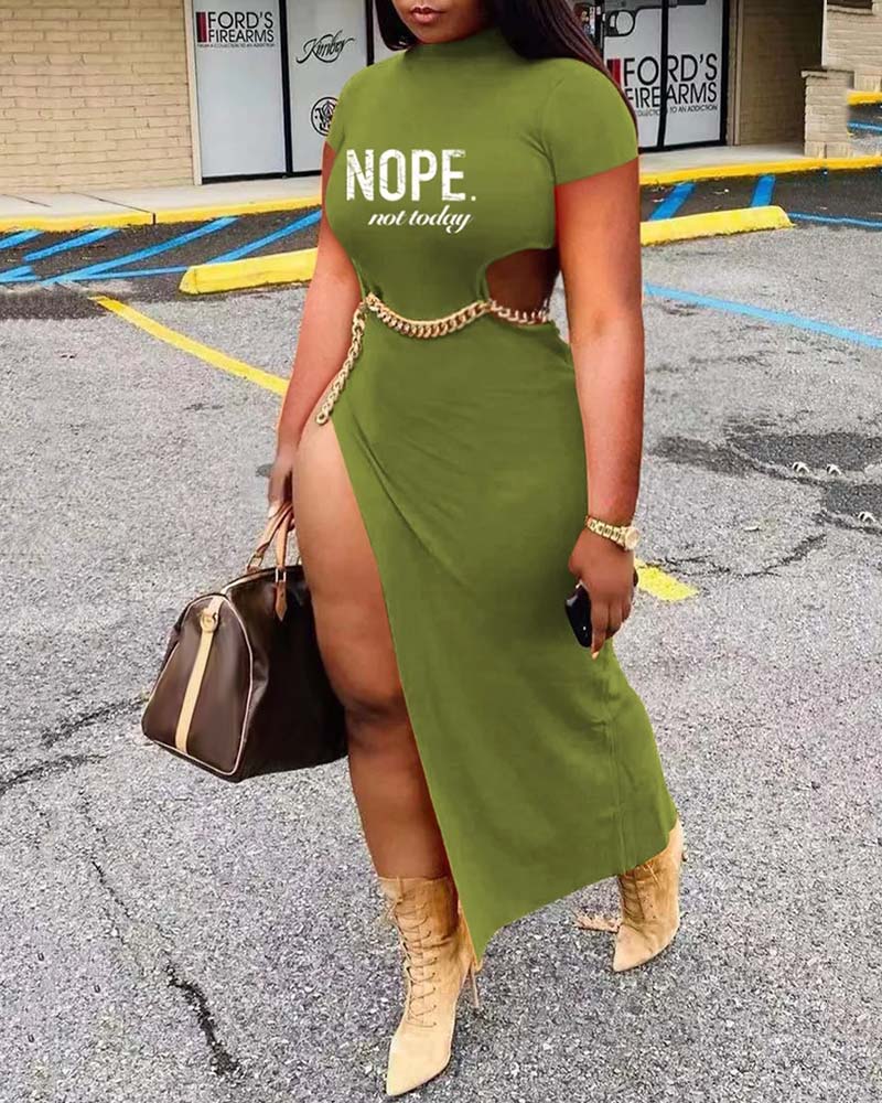 

Letter Print Cutout Chain Decor High Slit Dress, Green