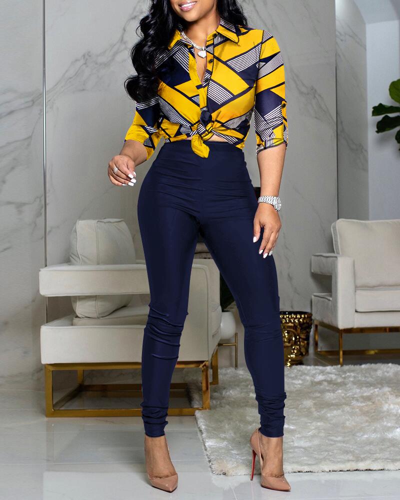 

Striped Print Colorblock Shirt & High Waist Pants Set, Purplish blue