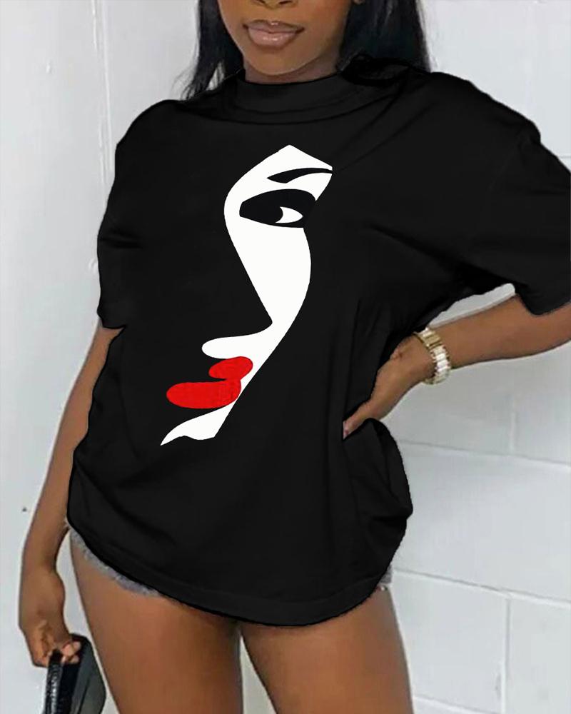 

Plus Size Abstract Figure Print Casual T-shirt, Black